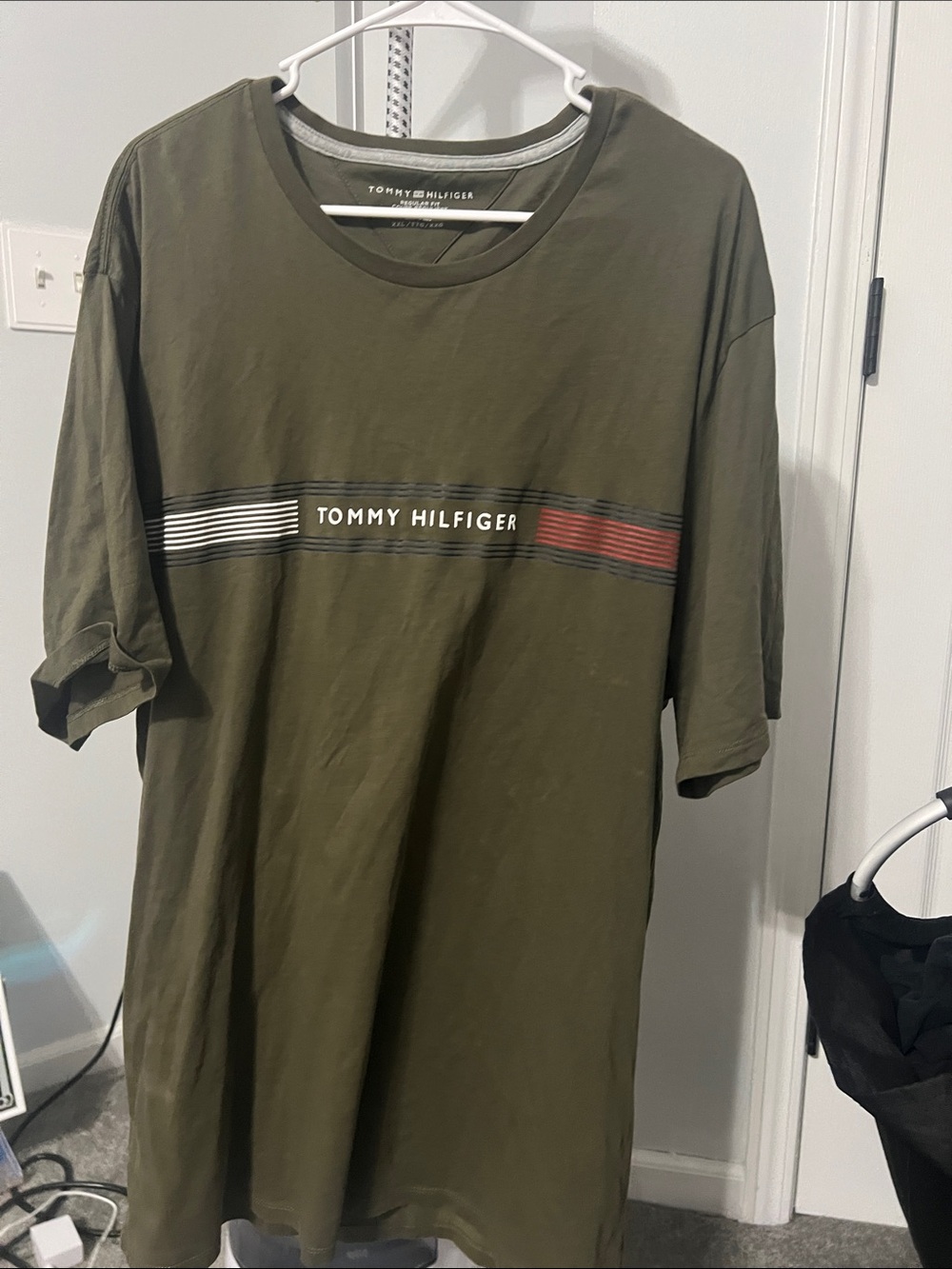Tommy Hilfiger Olive Green Short-Sleeve Logo Tee with Stripe Detail